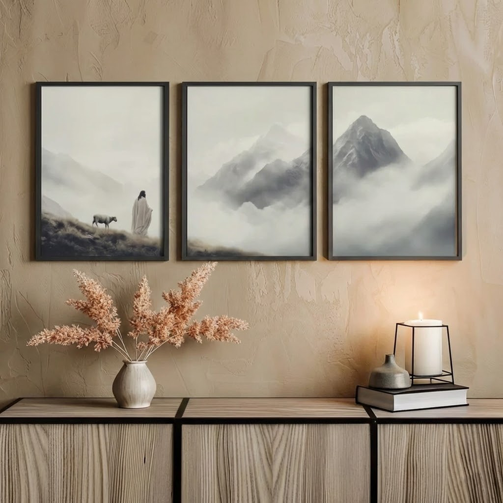 Set of 3 Jesus with Lost Sheep Leaving The 99 Print, Mountain Top , God Follower, LDS Home Decor, Bible Christian Faith Shepherd PTLAF013