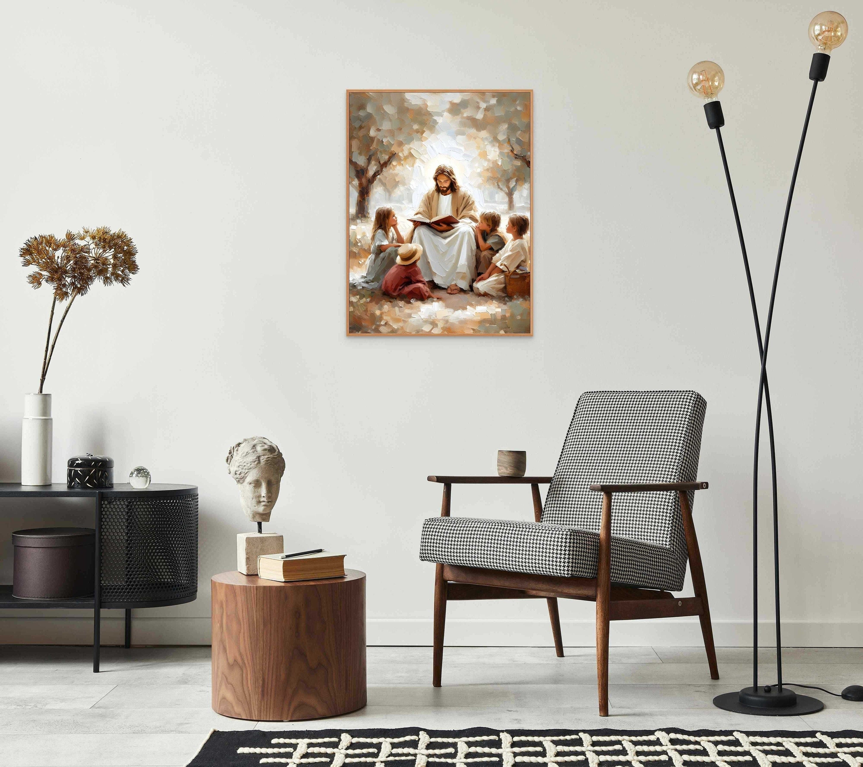 Jesus Teaching Children Poster, Christian Art for Kids, Jesus with Children Art, Bible Art Poster