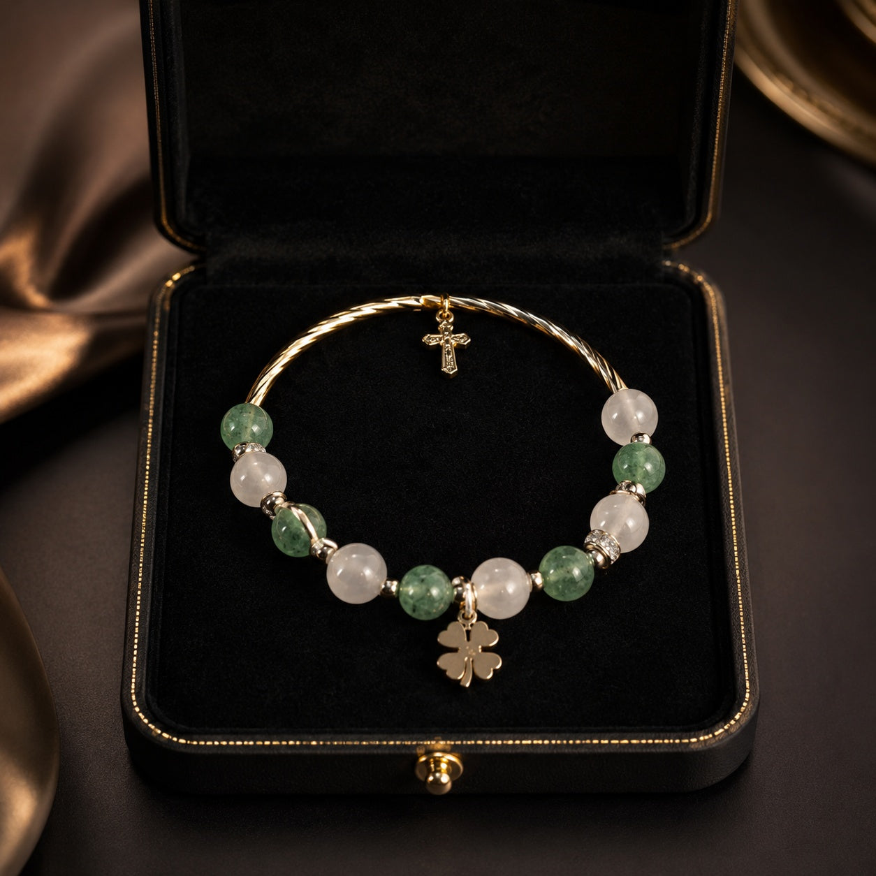 Moon & Green Strawberry Bracelet With Pendant, Clover Catholic Jewelry, Silver Stone Bracelet For Women, Catholic Bracelet BRLAF13