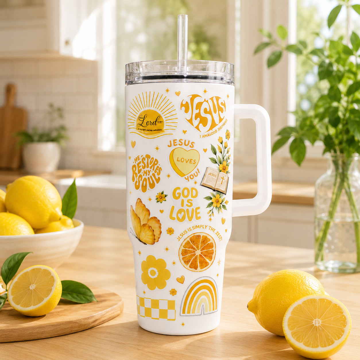 Jesus Loves You Yellow Floral 30oz/40oz Stainless Steel Tumbler with Handle, Faith-Inspired Travel Mug, Custom Faith Tumbler, Insulated Mug with Straw, Christian Gift TUMB10