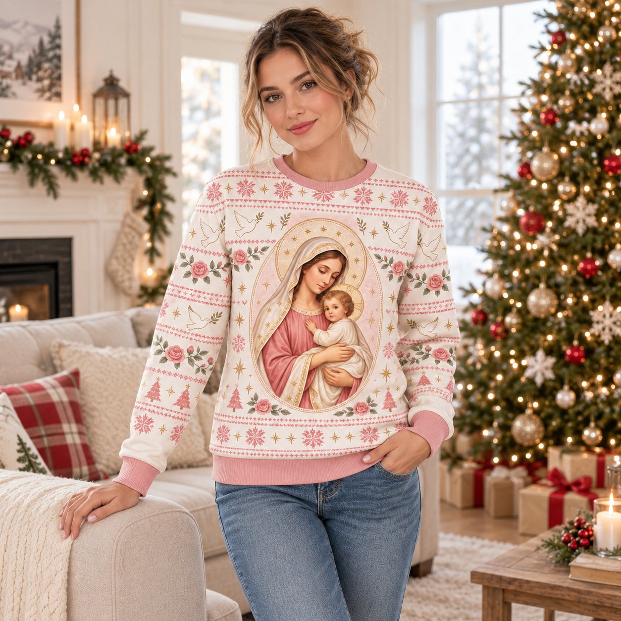 Virgin Mary and Baby Jesus Ugly Christmas Sweater, Catholic Christmas Sweatshirt, Christian Holiday Faith Gift XMASUS10