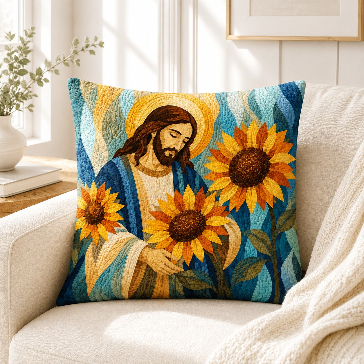 Jesus Sunflower Quilted Pillow Case, Christian Faith Pillow Cover, Religious Home Decor, Jesus Gift, Sunflower Christian Decor QPILLOW09