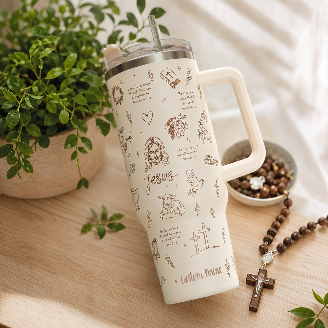 Christian Bible Verse Tumbler with Handle, Catholic Faith Symbols Insulated Coffee Cup, Religious Gift LAFN10