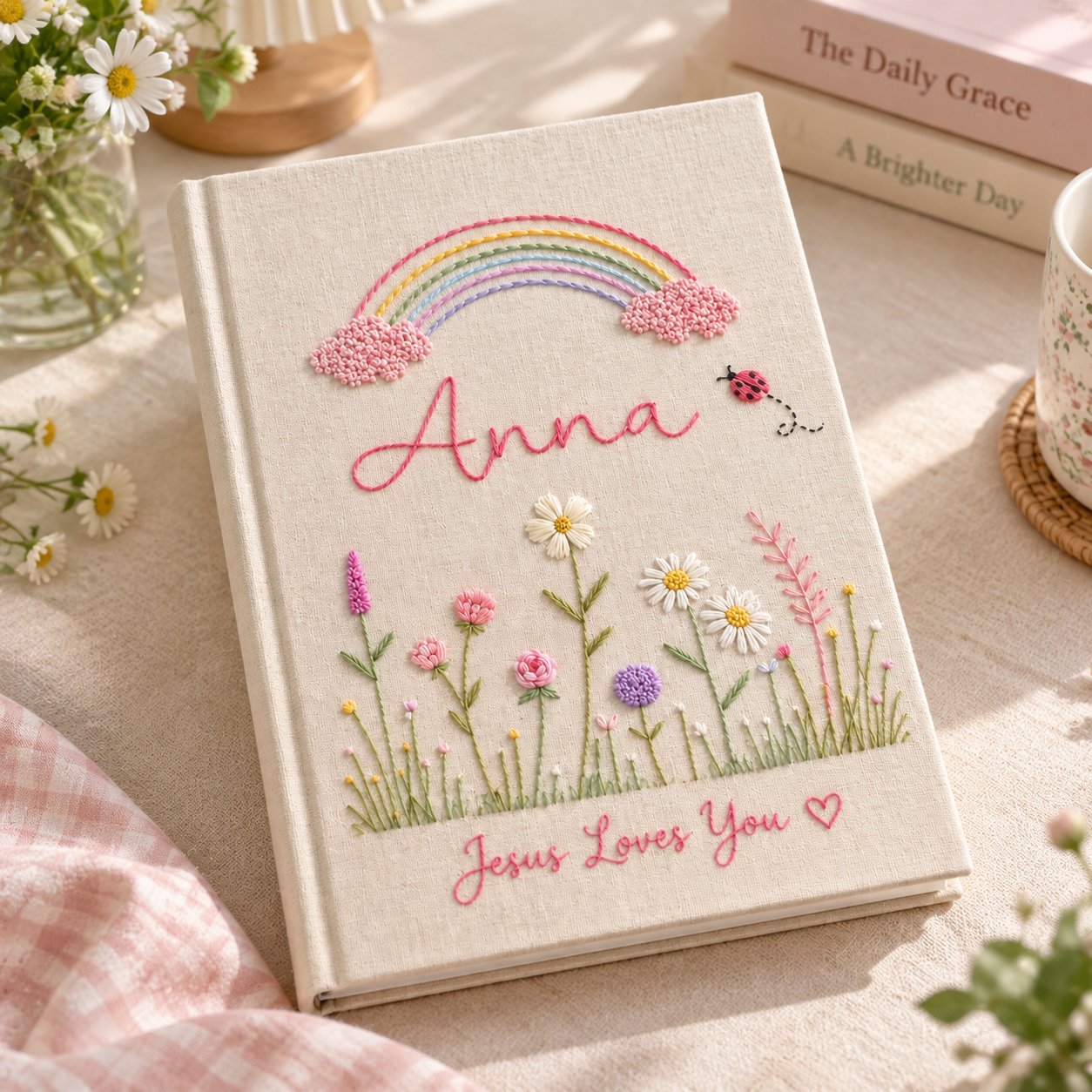 Personalized Hand-Embroidery Notebook, Rainbow Floral Journal, Custom Linen Journal, Handmade Flower Notebook, Christian Gift NB12