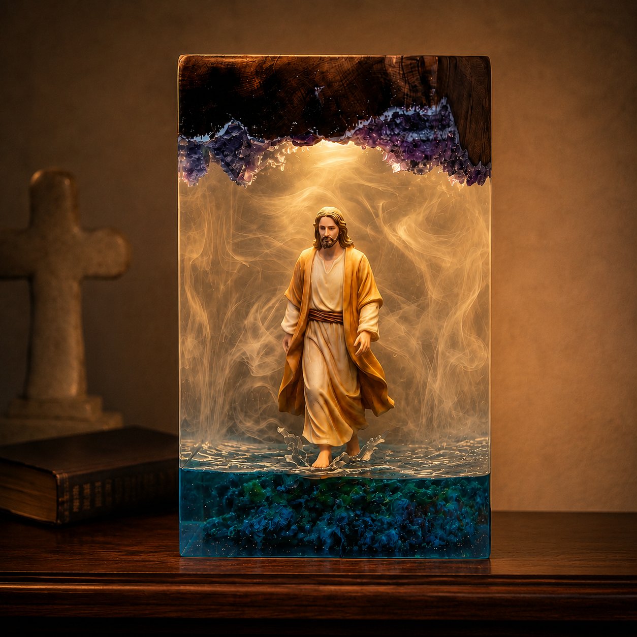 Jesus Walking on Water Epoxy Lamp, Catholic LED Night Light, Faith-Based Religious Home Decor, Catholic Prayer Room Gift EPOXY11