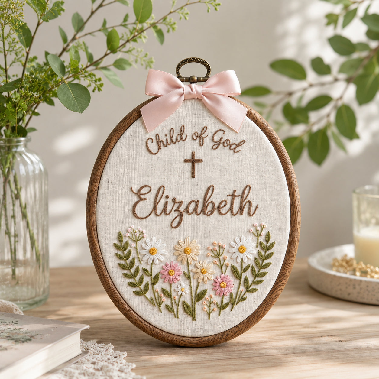 Personalized Hand Embroidered Child Of God Hoop Art, Custom Baby Name Baptism, Floral Christian Keepsake, Christian Hoop Art, Nursery Gift EHA38