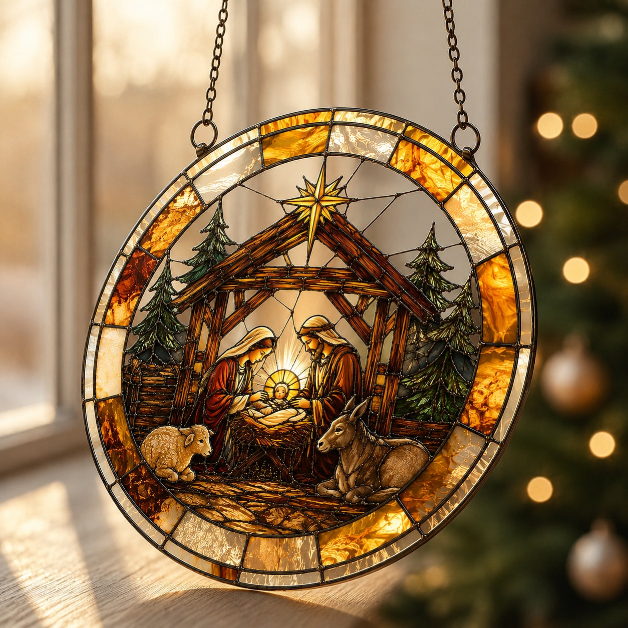 Nativity Scene Stained Glass Suncatcher, Holy Family Christmas Decor, Jesus Birth Window Hanging, Christian Religious Gift, Christmas Home Decor GLASS10