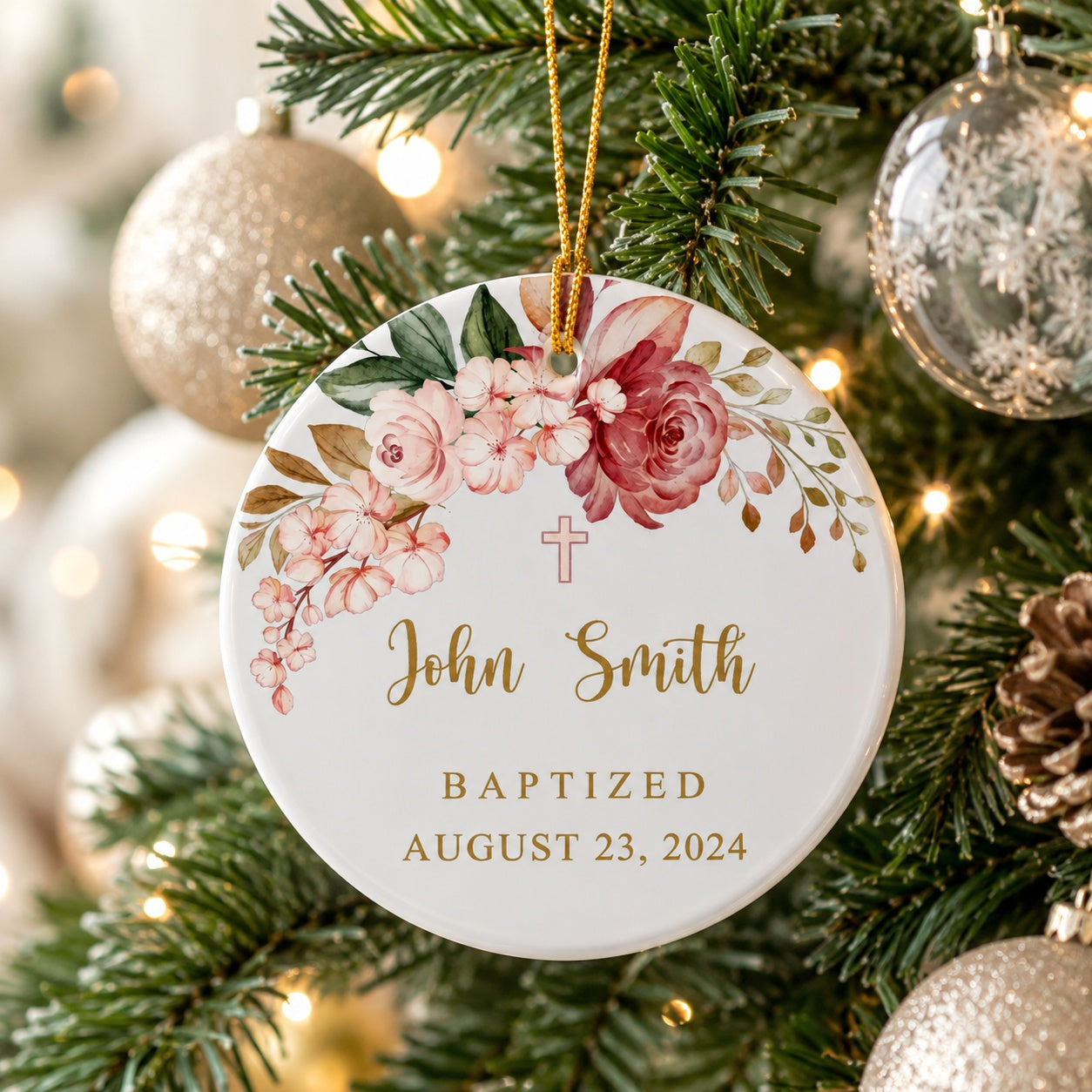 Personalized Floral Baby Baptism Ceramic Ornament, Custom Name and Date Christian Keepsake, Baby Ornament Gift,  Baptism Ornament CRMO10