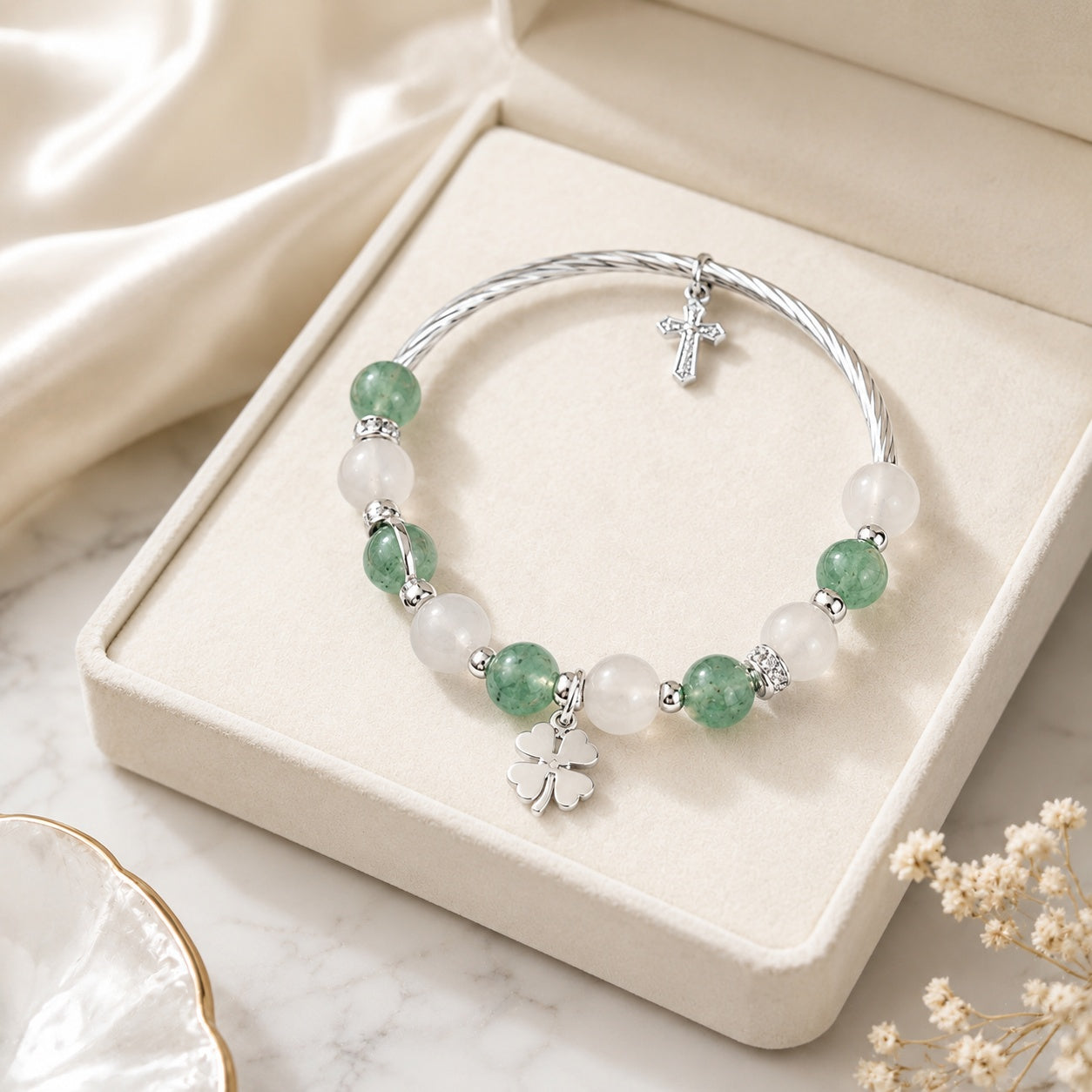 Moon & Green Strawberry Bracelet With Pendant, Clover Catholic Jewelry, Silver Stone Bracelet For Women, Catholic Bracelet BRLAF13
