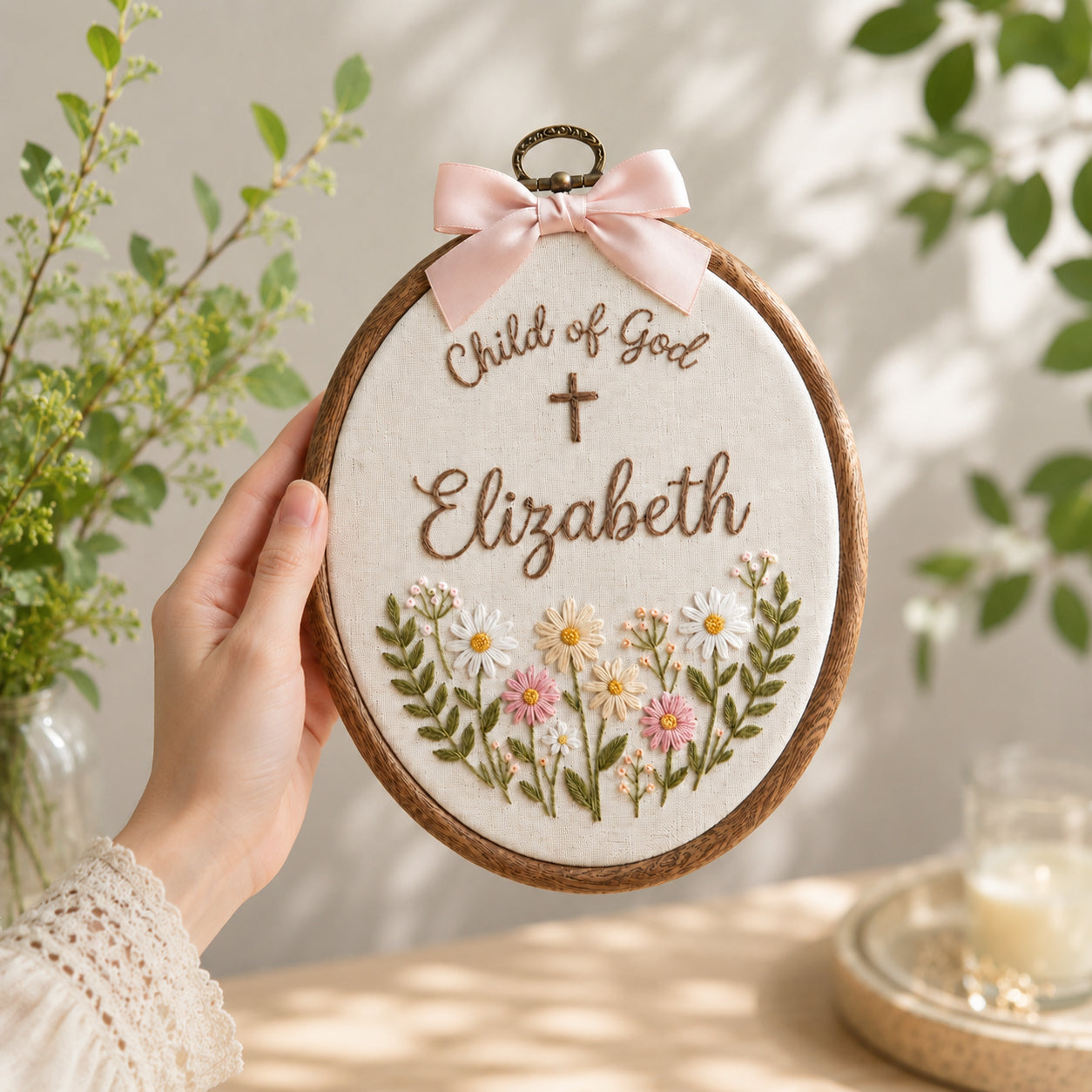 Personalized Hand Embroidered Child Of God Hoop Art, Custom Baby Name Baptism, Floral Christian Keepsake, Christian Hoop Art, Nursery Gift EHA38