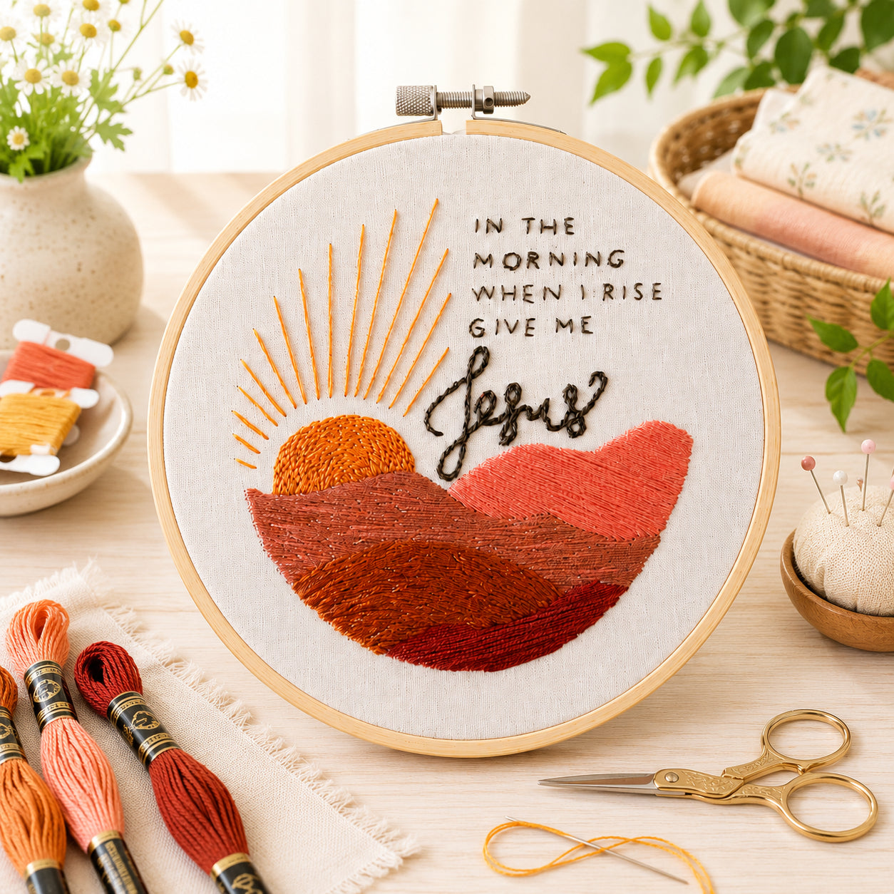 Give Me Jesus Embroidery Hoop Art, Christian Sunrise Wall Decor, Handmade Faith Gift, Inspirational Religious Needlework Hoop EH12