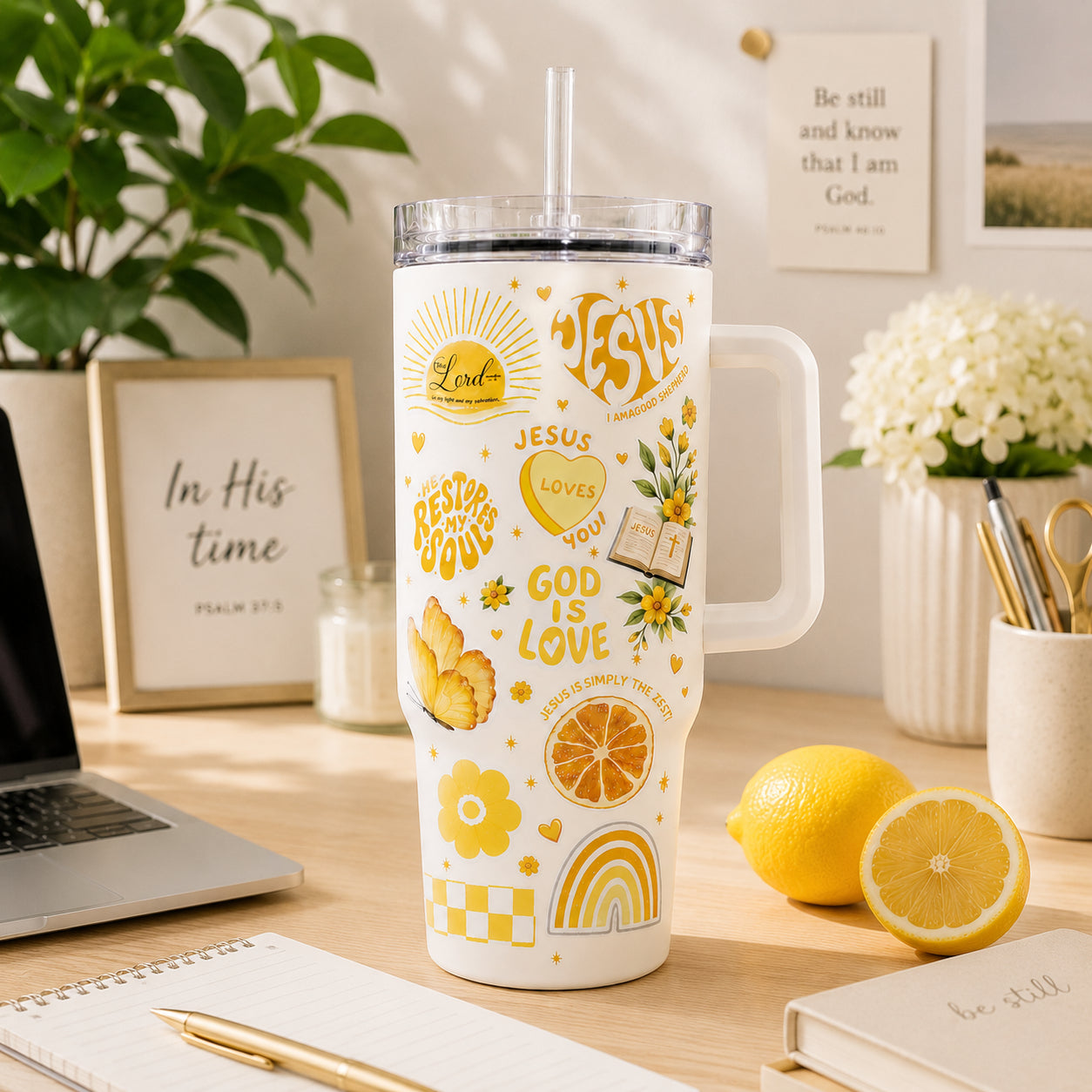 Jesus Loves You Yellow Floral 30oz/40oz Stainless Steel Tumbler with Handle, Faith-Inspired Travel Mug, Custom Faith Tumbler, Insulated Mug with Straw, Christian Gift TUMB10