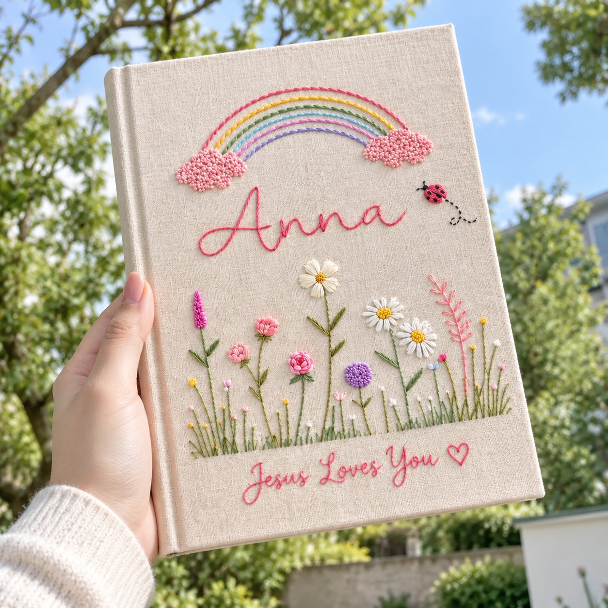 Personalized Hand-Embroidery Notebook, Rainbow Floral Journal, Custom Linen Journal, Handmade Flower Notebook, Christian Gift NB12