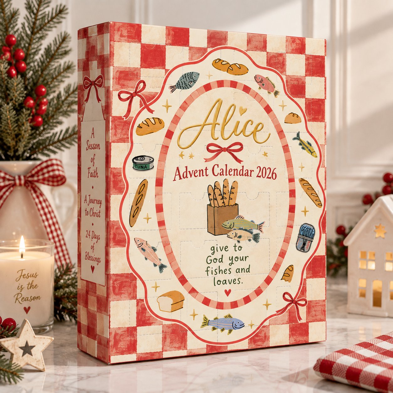 Personalized Christian Advent Calendar 2026, Jesus Fish and Loaves Christmas Countdown, Bible Story Advent Calendar, 24 Days Faith Journey, Religious Christmas Gift, Family Holiday Decor ACG10