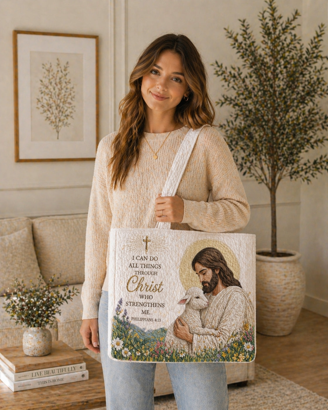 Jesus Holding Lamb Quilt Tote Bag, Jesus Good Shepherd Quilted Tote Bag with Philippians 4:13 Verse, Philippians 4:13 Bible Verse Tote Bag, Christian Faith Gift QTTB10