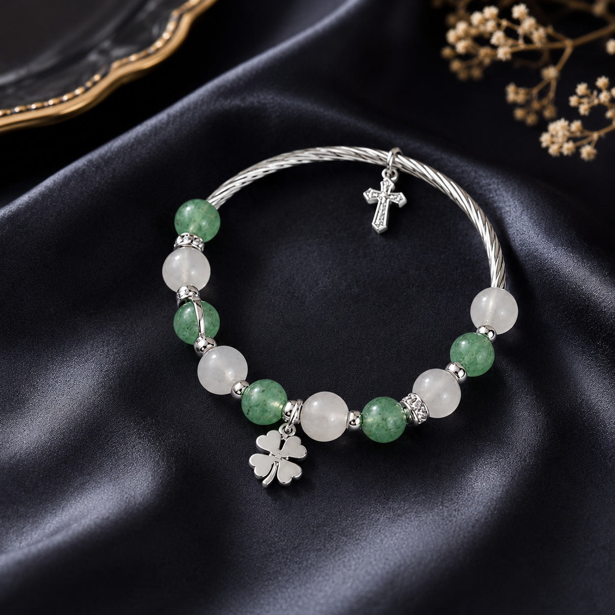 Moon & Green Strawberry Bracelet With Pendant, Clover Catholic Jewelry, Silver Stone Bracelet For Women, Catholic Bracelet BRLAF13