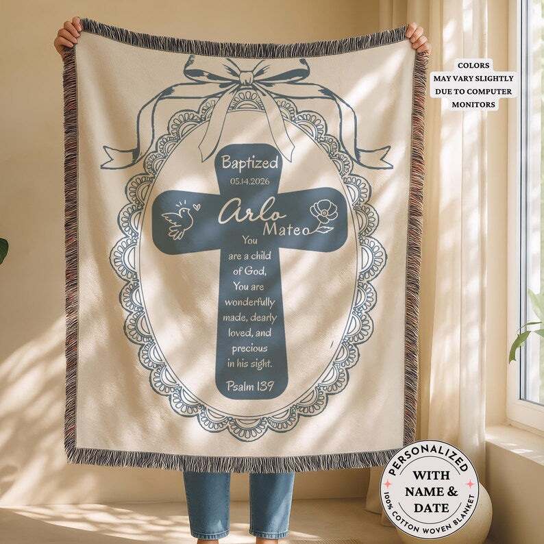 Personalized Baptism Woven Baby Blanket, Psalm 139 Cross Blanket,  Custom Christening Throw, Catholic Heirloom Keepsake WBLAF10