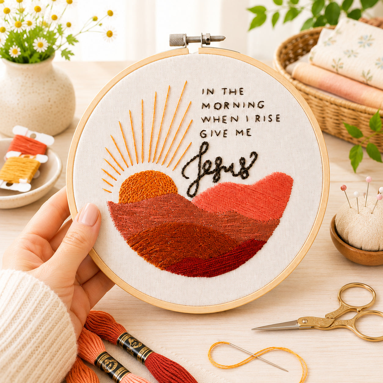 Give Me Jesus Embroidery Hoop Art, Christian Sunrise Wall Decor, Handmade Faith Gift, Inspirational Religious Needlework Hoop EH12