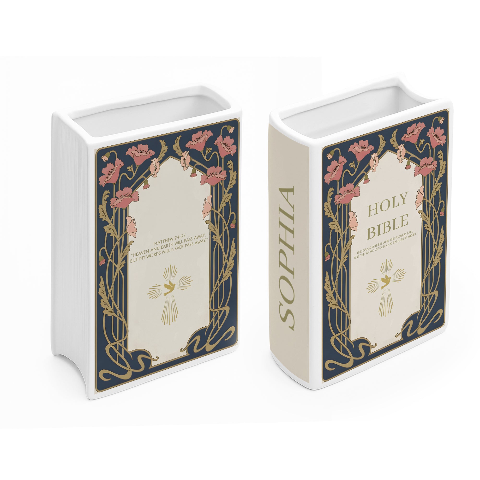 Personalized Jesus Bible Verse Vase, Ceramic Floral Holy Bible Book for Christian Women Gift, Faith Inspired Shelf Decor CBLAF11