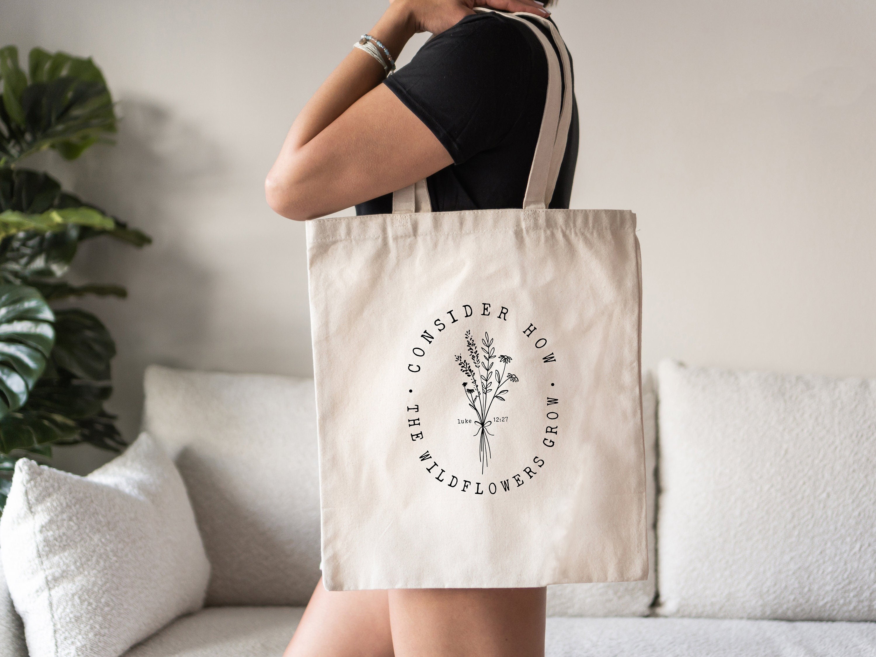 Consider How The Wildflowers Grow Tote Bag – Christian Canvas Tote – Bible Verse Bag – Religious Gift – Eco-Friendly Reusable Tote – Faith-Based Accessory TBLAF12