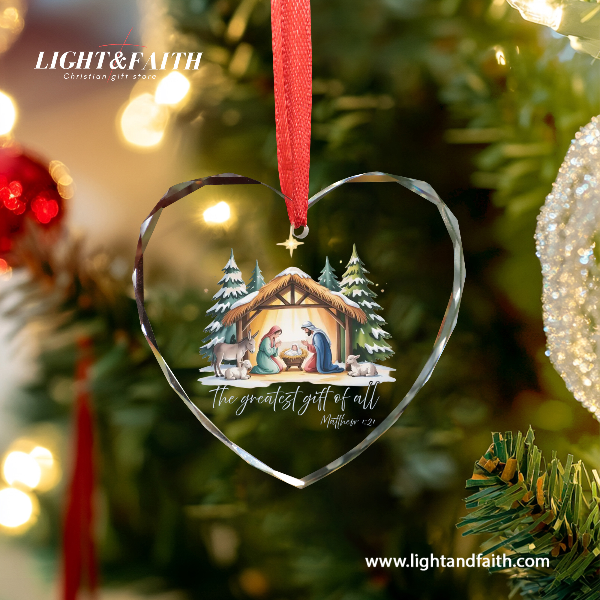 The Greatest Gift of All Heart Ornament, Matthew 1:21 Nativity Scene Ornament, Holy Family Christmas Decor, Christian Faith Gift, Religious Glass Decoration DCLAF59