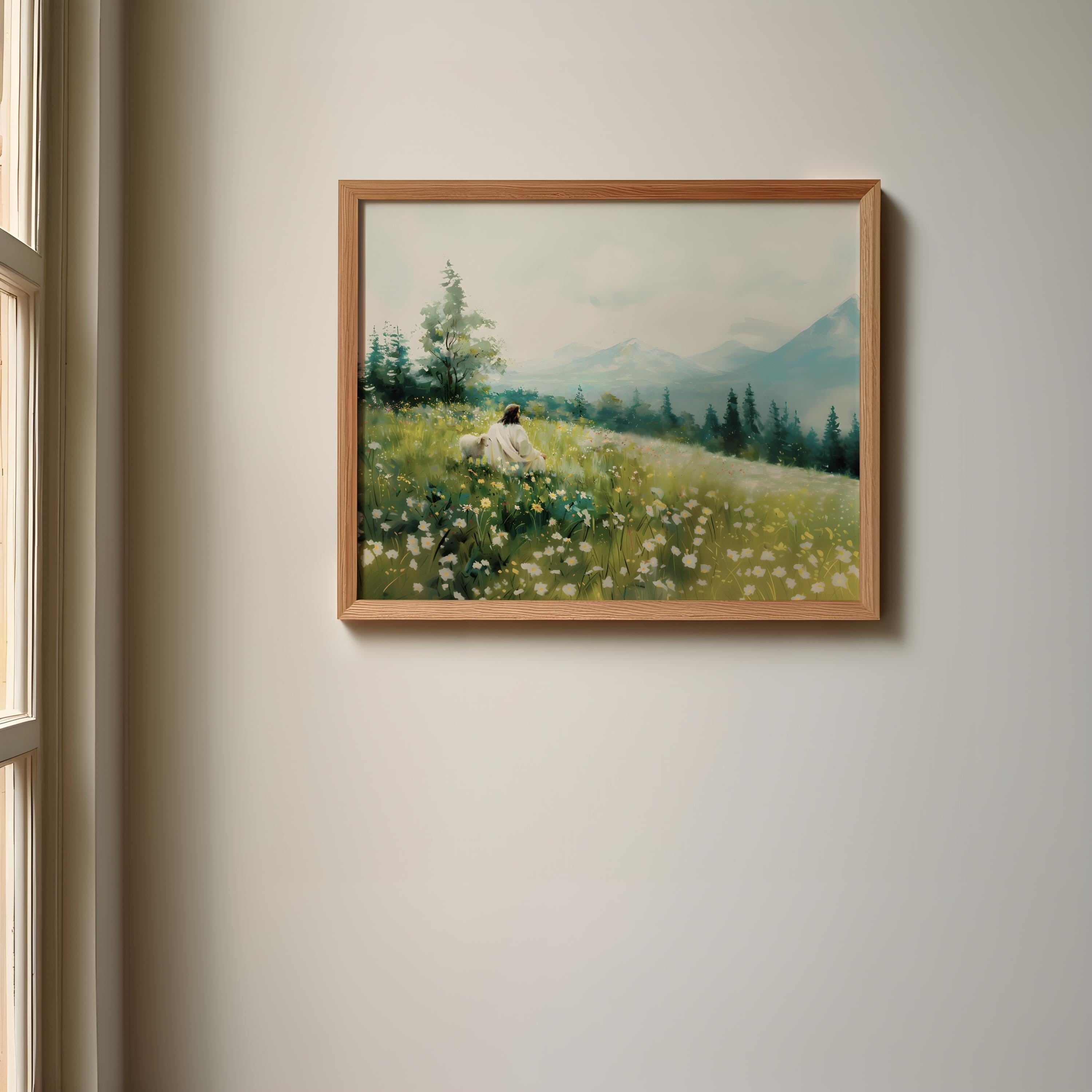 Jesus Leaves the 99 Sheep Poster, Jesus Landscape Wall Art, Christian Landscape Art, Christ Jesus lamb Wall Art, Christian Poster