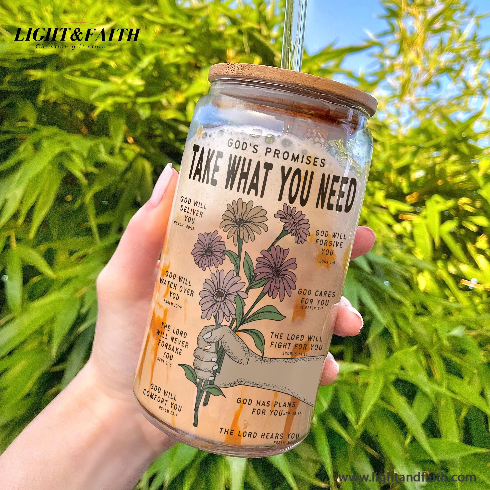 Christian Clear Glass Can with Bamboo Lid and Straw,  God's Promises Take What You Need Bible Verse Cup, Scripture Iced Coffee Tumbler Gift GCLAF39