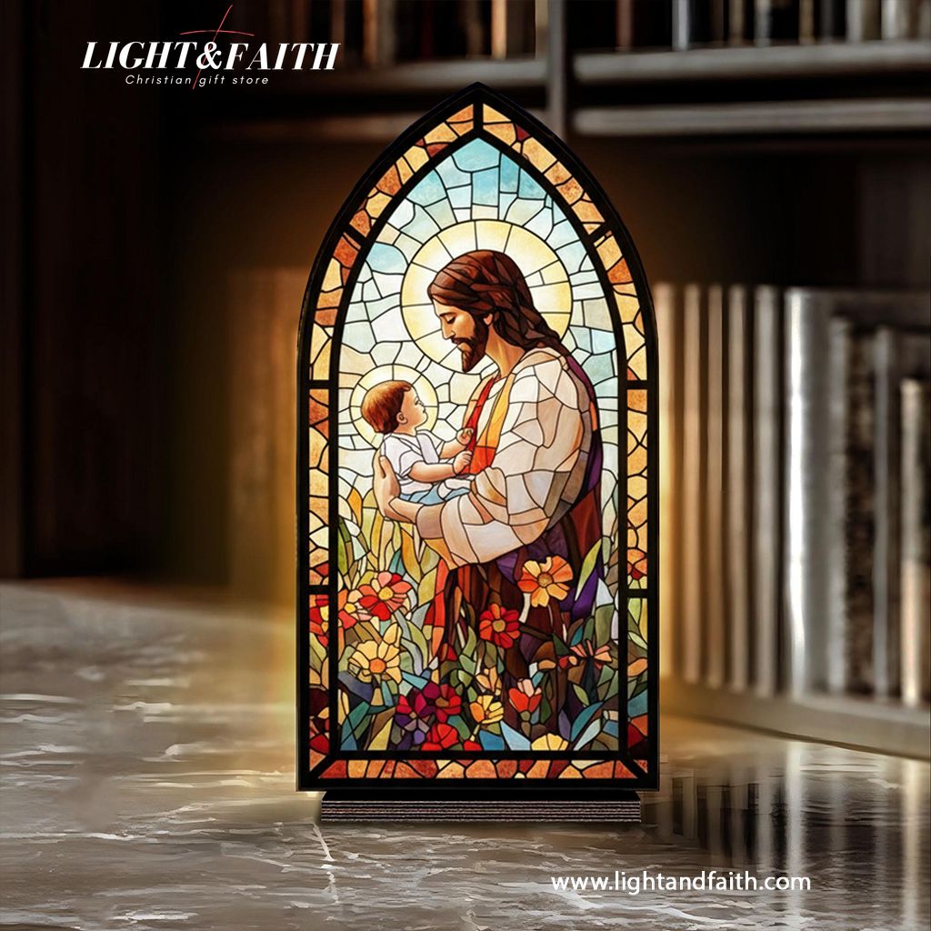 Jesus with Child Book Nook, Stained Glass Style Acrylic Decor, Christian Gift, Baptism and Baby Dedication Gift, Faith Home Decoration BNLAF11
