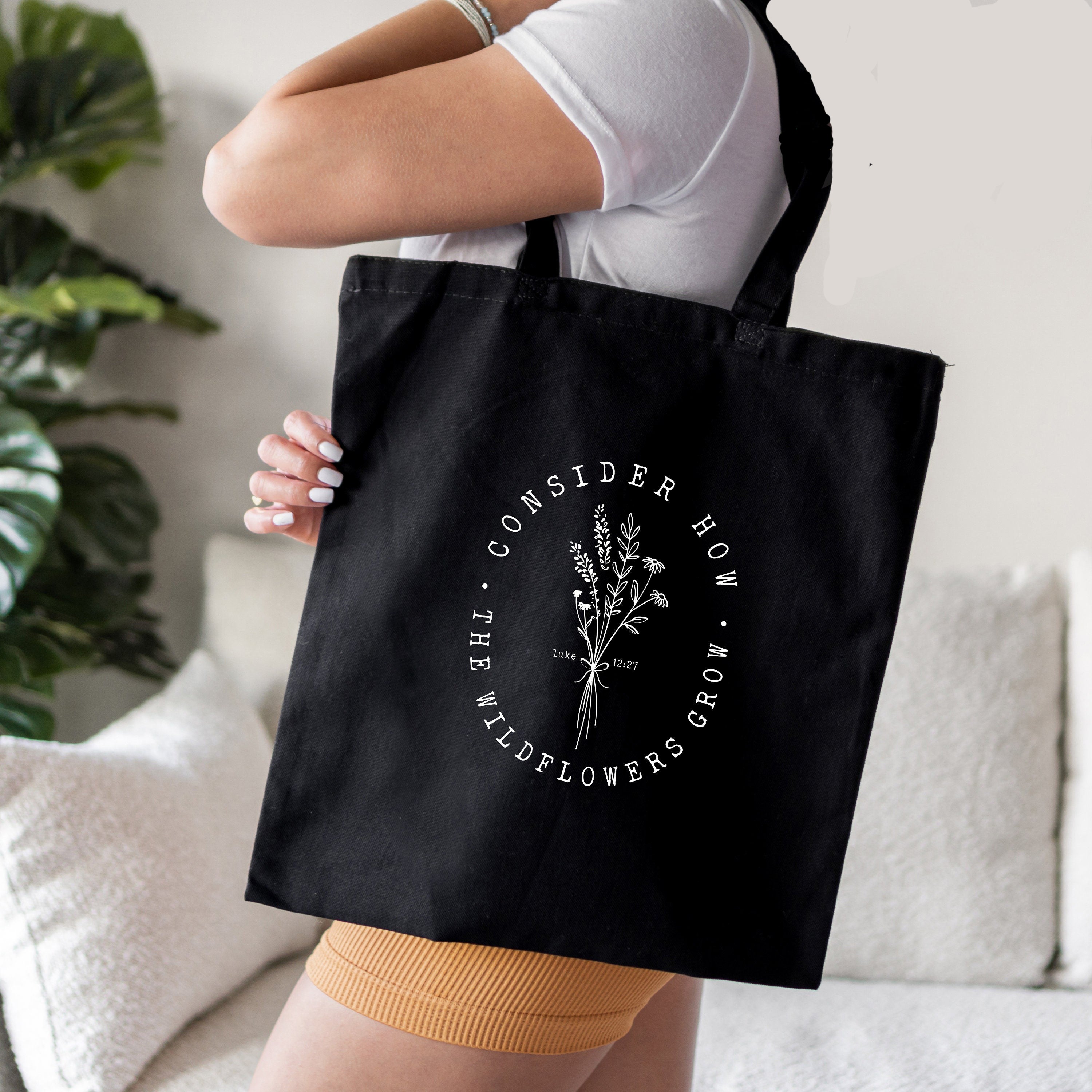 Consider How The Wildflowers Grow Tote Bag – Christian Canvas Tote – Bible Verse Bag – Religious Gift – Eco-Friendly Reusable Tote – Faith-Based Accessory TBLAF12