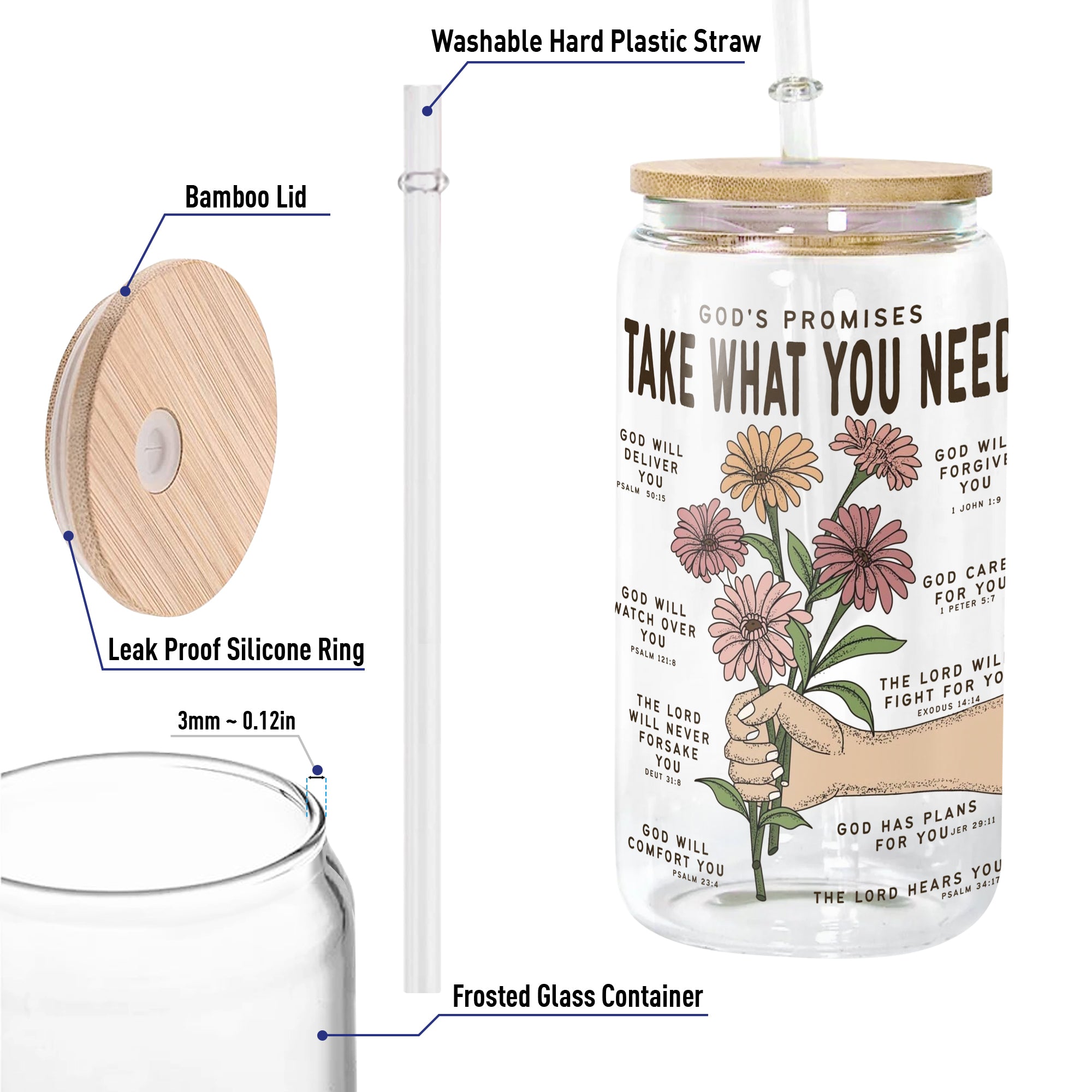 Christian Clear Glass Can with Bamboo Lid and Straw,  God's Promises Take What You Need Bible Verse Cup, Scripture Iced Coffee Tumbler Gift GCLAF39