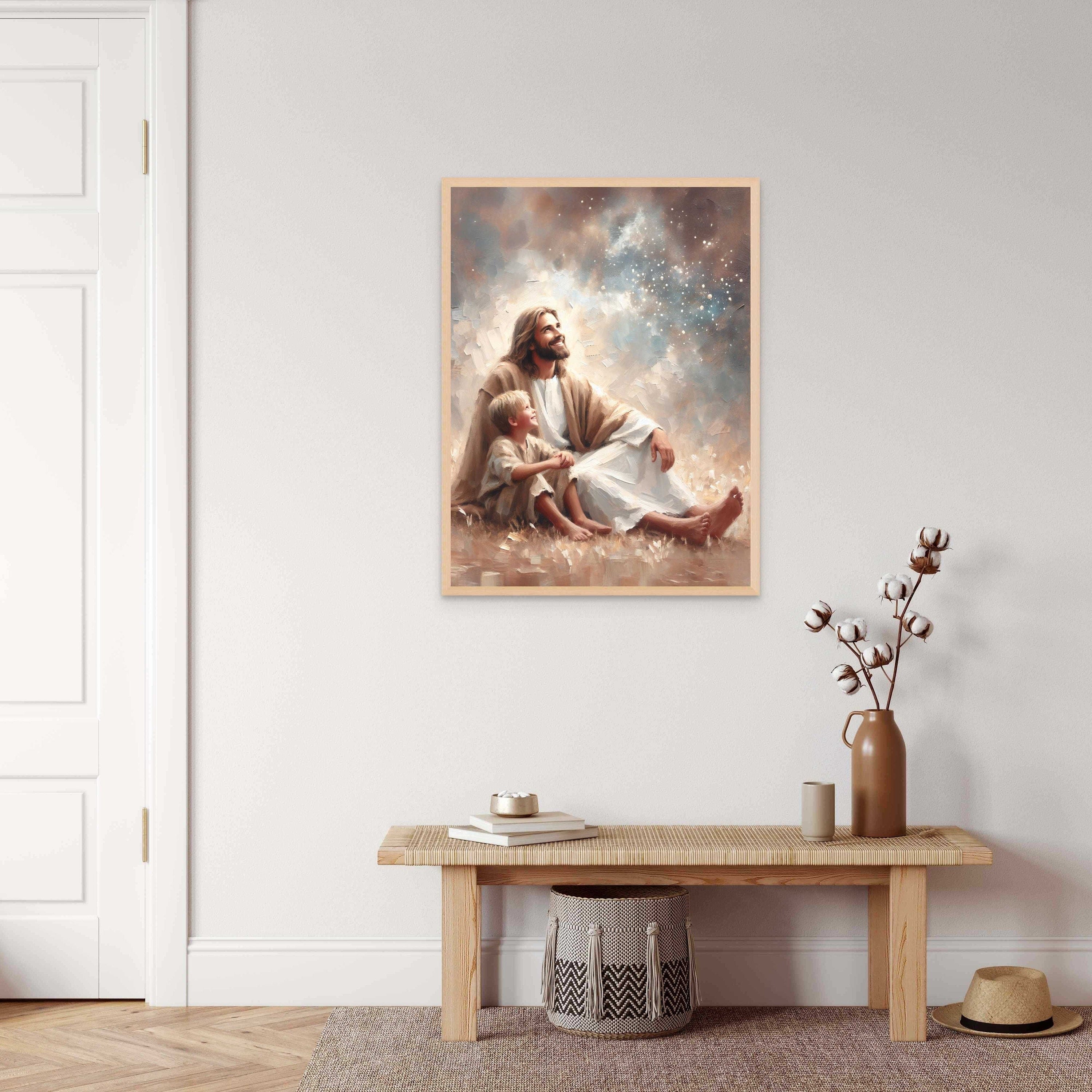 Magic in the Sky Poster, Jesus and Boy Poster, Christian Art for Kids, Jesus with Children Art, Bible Art Poster