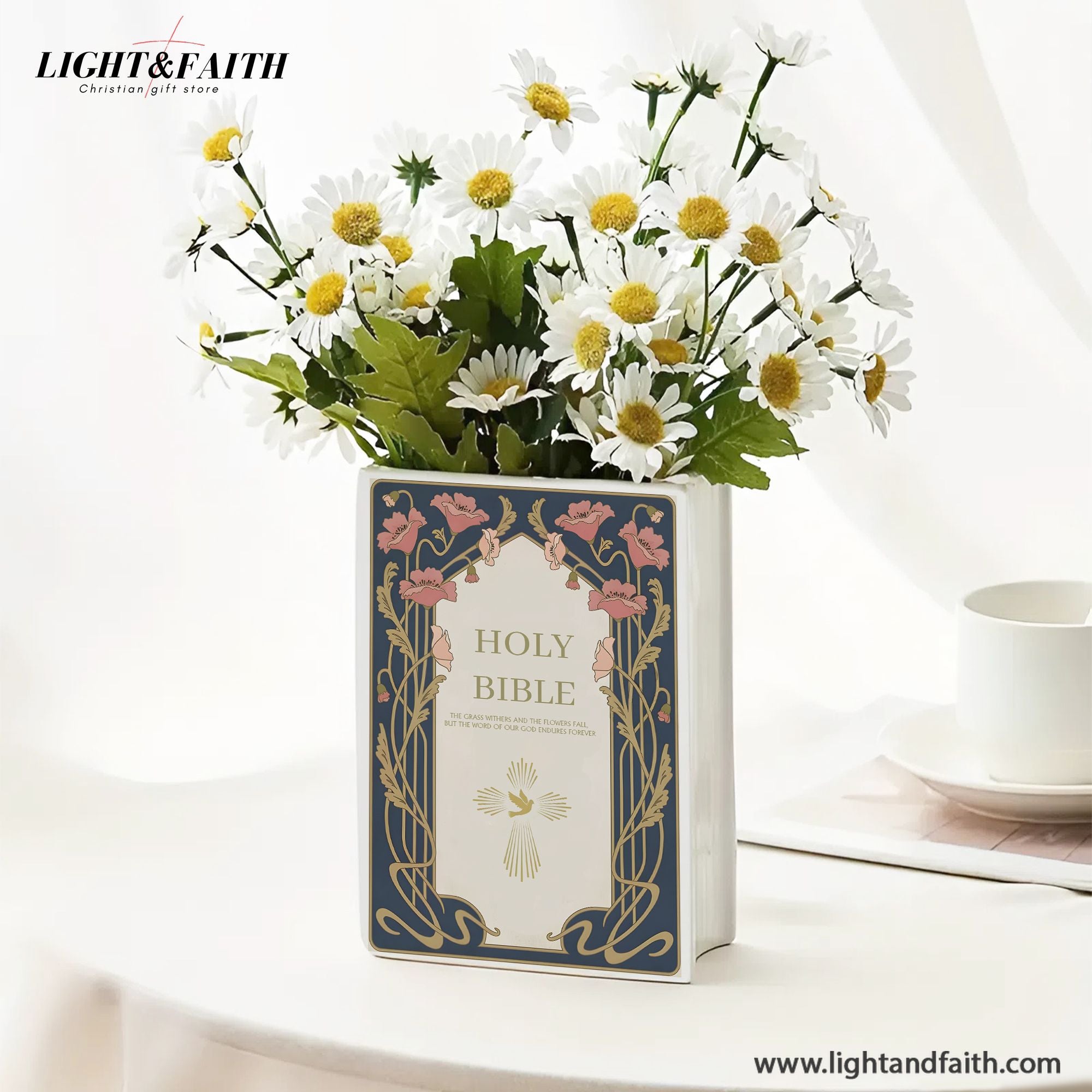 Personalized Jesus Bible Verse Vase, Ceramic Floral Holy Bible Book for Christian Women Gift, Faith Inspired Shelf Decor CBLAF11