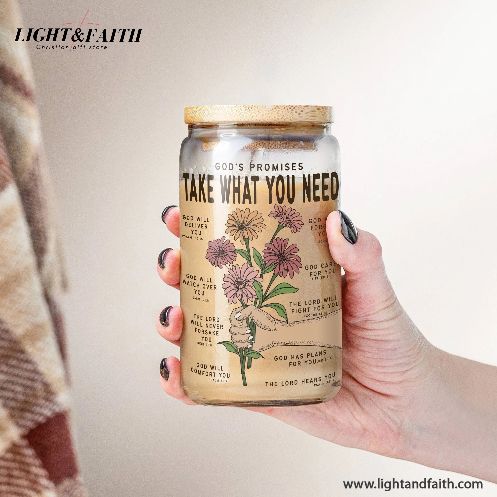Christian Clear Glass Can with Bamboo Lid and Straw,  God's Promises Take What You Need Bible Verse Cup, Scripture Iced Coffee Tumbler Gift GCLAF39