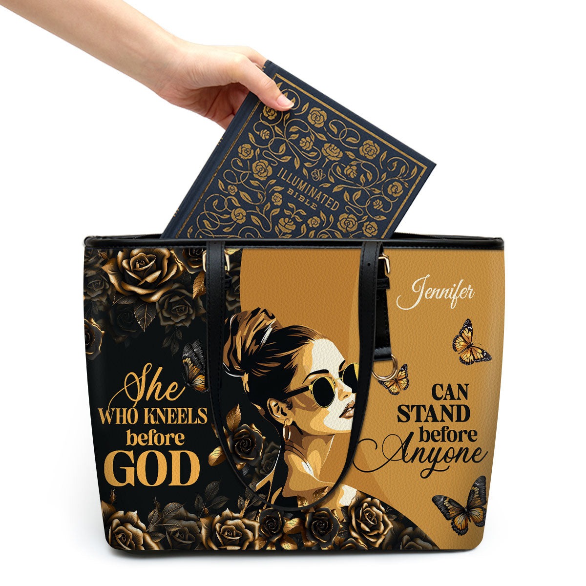 Personalized Christian Leather Handbag, She Who Kneels Before God Handbag, Custom Name Religious Inspirational Purse Gift for Women BLAF23