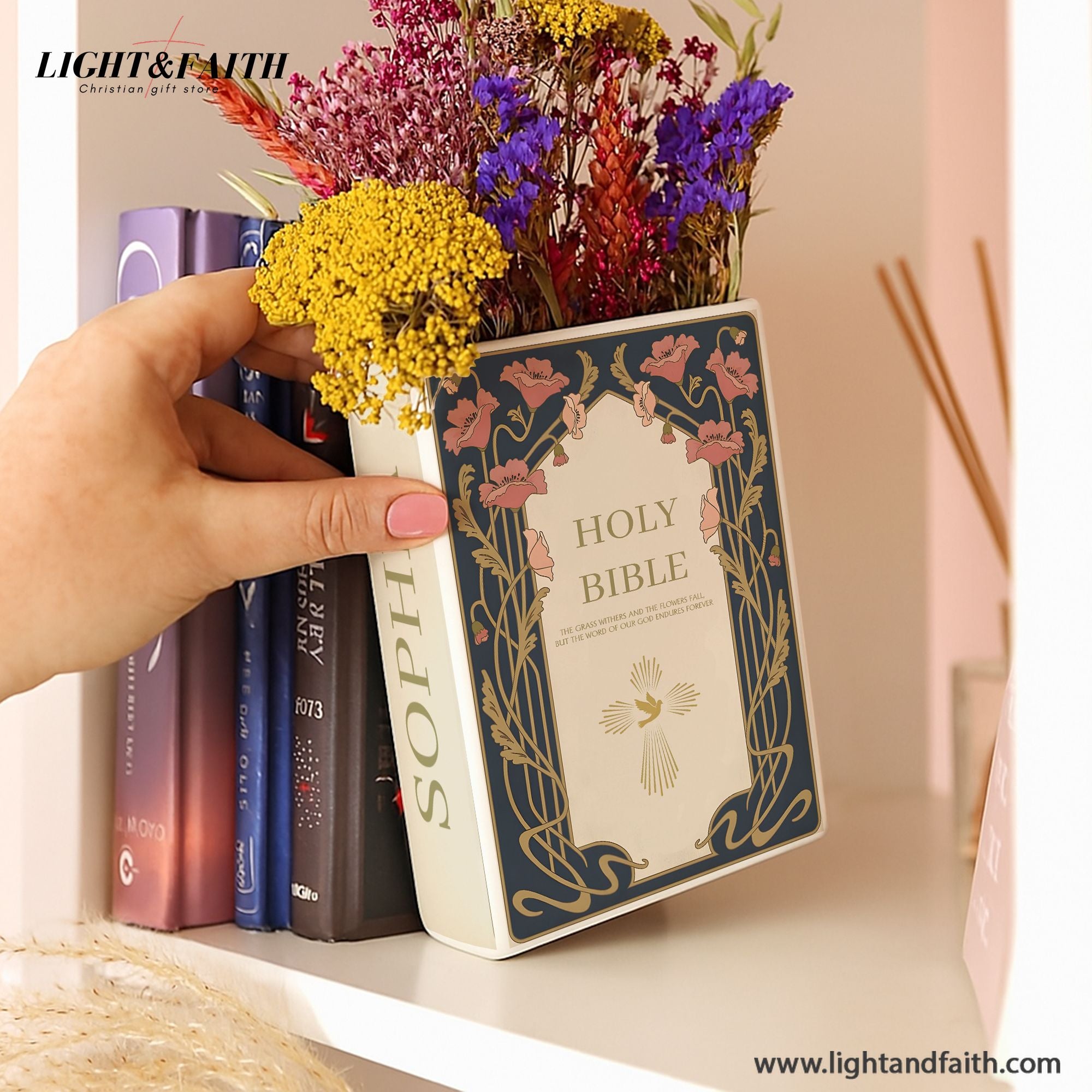 Personalized Jesus Bible Verse Vase, Ceramic Floral Holy Bible Book for Christian Women Gift, Faith Inspired Shelf Decor CBLAF11