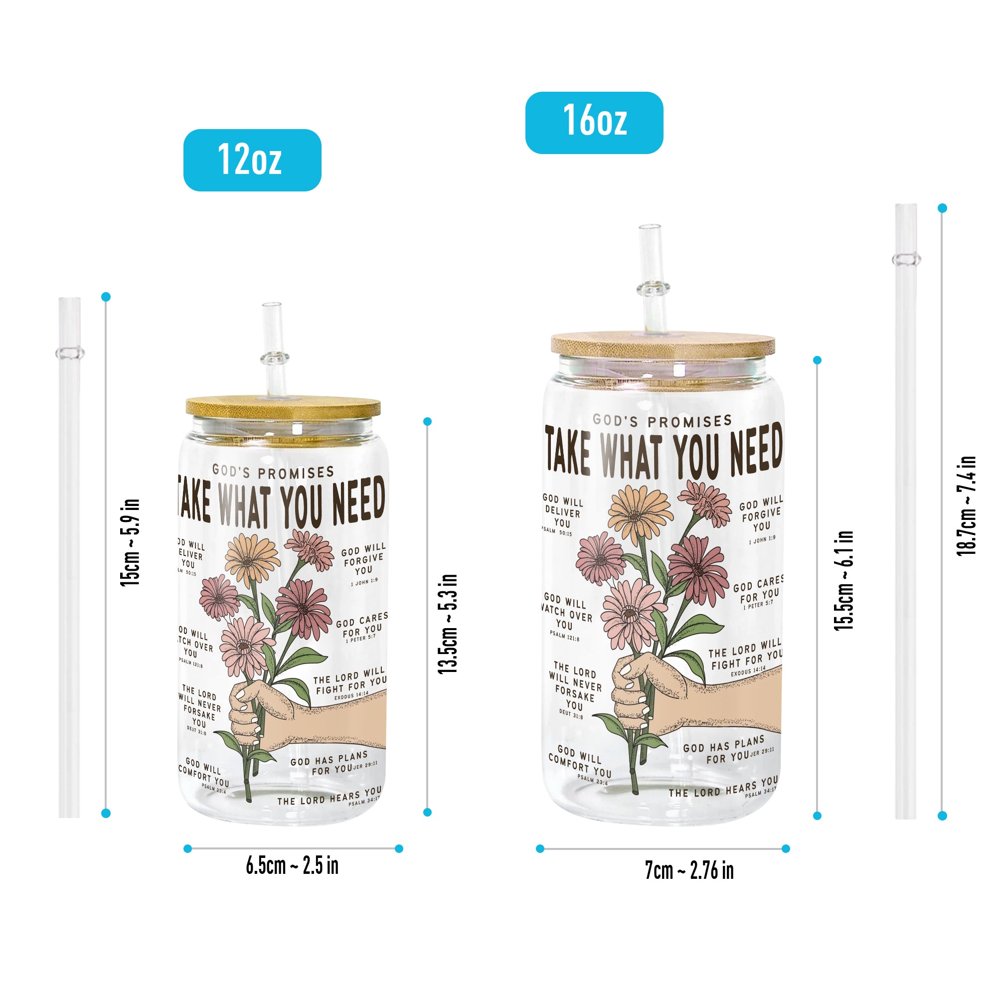 Christian Clear Glass Can with Bamboo Lid and Straw,  God's Promises Take What You Need Bible Verse Cup, Scripture Iced Coffee Tumbler Gift GCLAF39