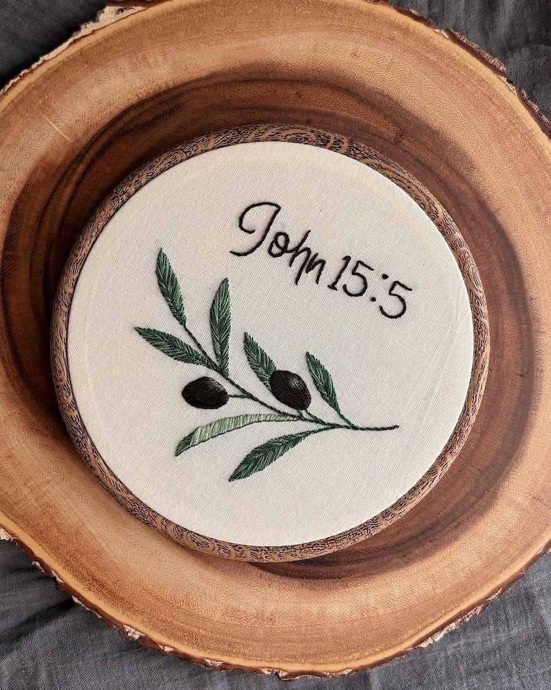 John 15:5 Embroidery Hoop Art, Olive Branch Christian Wall Decor, Bible Verse Needlework, Minimalist Faith Gift EH10