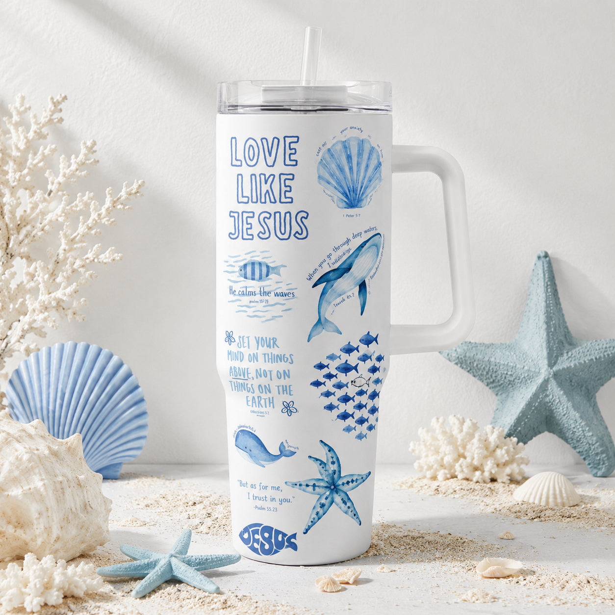 Bible Verse Sea Life 30oz/40oz Stainless Steel Tumbler with Handle, Faith-Inspired Travel Mug, Love Like Jesus Tumbler, Insulated Mug with Straw, Christian Gift TUMB11