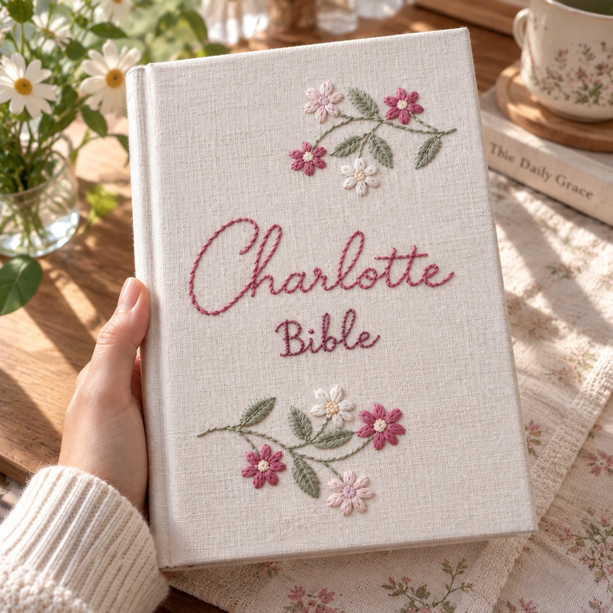 Personalized Bible Hand-Embroidery Journal, Custom Notebook, Floral Linen Prayer Journal, Handmade Christian Gift, Faith Notebook NB13