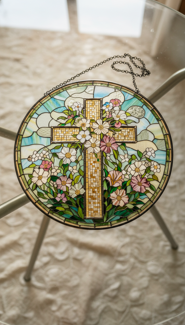 Floral Cross Stained Glass Suncatcher, Christian Window Hanging, Religious Sun Catcher, Flower Cross Decor, Faith Gift, Easter Home Decor SCLAF20