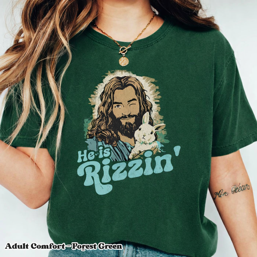 He Is Rizzin Shirt, Comfort Colors Pepper Tee, Funny Christian Easter Shirt, Retro Jesus Bunny Graphic Tee, Faith Based Gift for Women Men CFLAF054