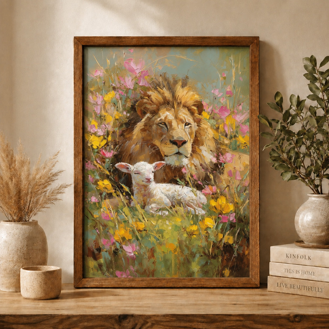 Lion and Lamb Poster, Christian Wall Art Print, Jesus Symbol Religious Decor, Bible Inspired Faith Gift, Peaceful Nursery Art PTS10