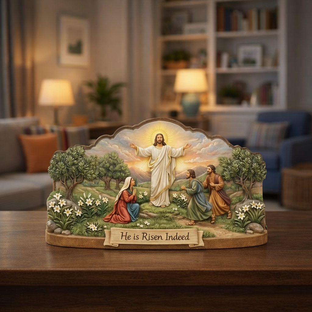 Christian Easter Wooden Sign, He Is Risen Decor, Jesus Resurrection Scene, Religious Tabletop Display, Faith Home Accent