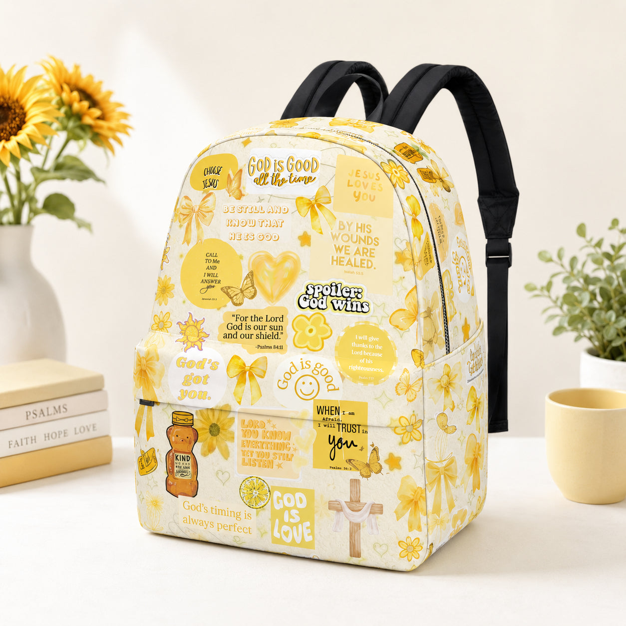 Yellow Version Faith God Backpack, Custom Summer Style Christian Aesthetic Backpack, Christian Faith Bag, Laptop Bag, Back To School Backpack PLAF74