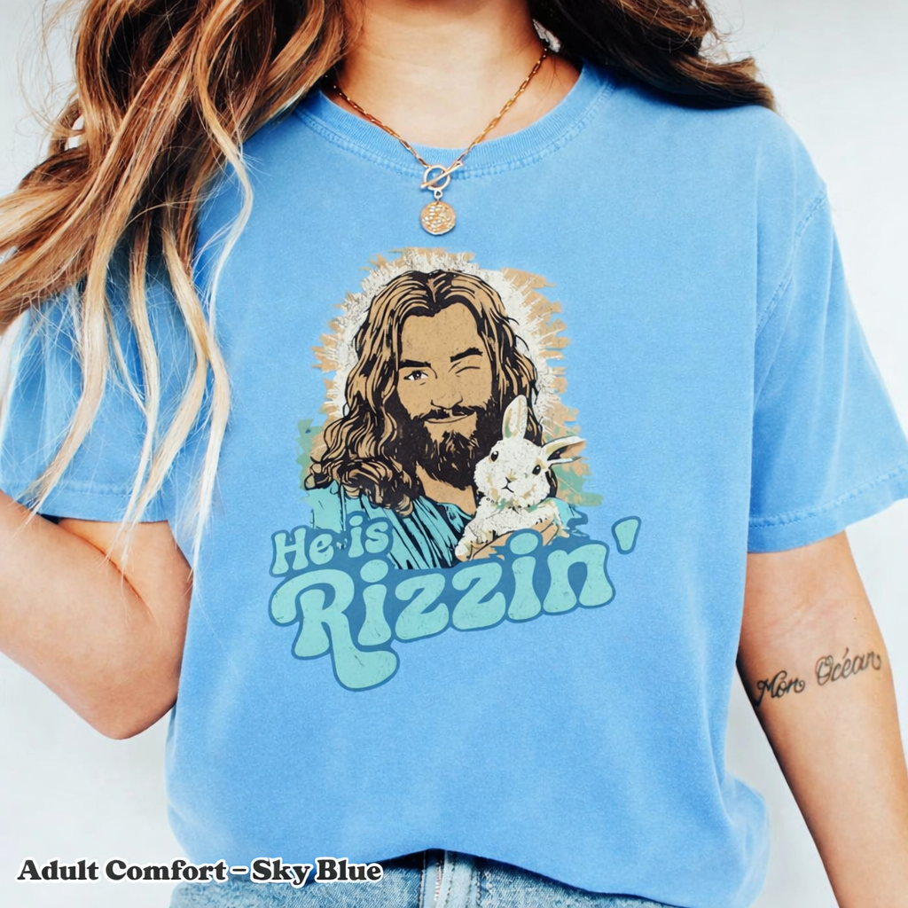 He Is Rizzin Shirt, Comfort Colors Pepper Tee, Funny Christian Easter Shirt, Retro Jesus Bunny Graphic Tee, Faith Based Gift for Women Men CFLAF054