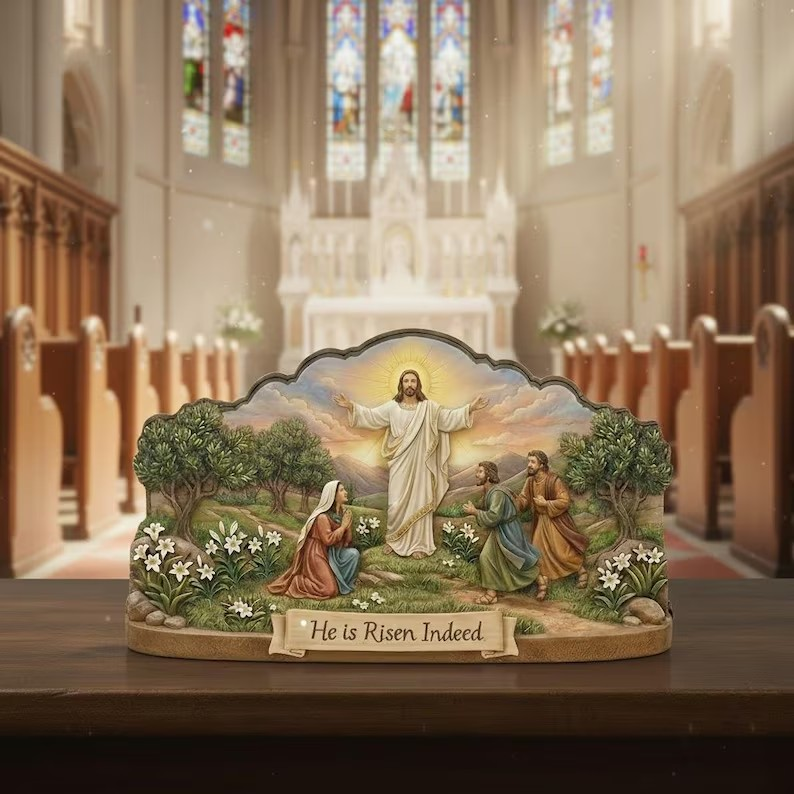Christian Easter Wooden Sign, He Is Risen Decor, Jesus Resurrection Scene, Religious Tabletop Display, Faith Home Accent