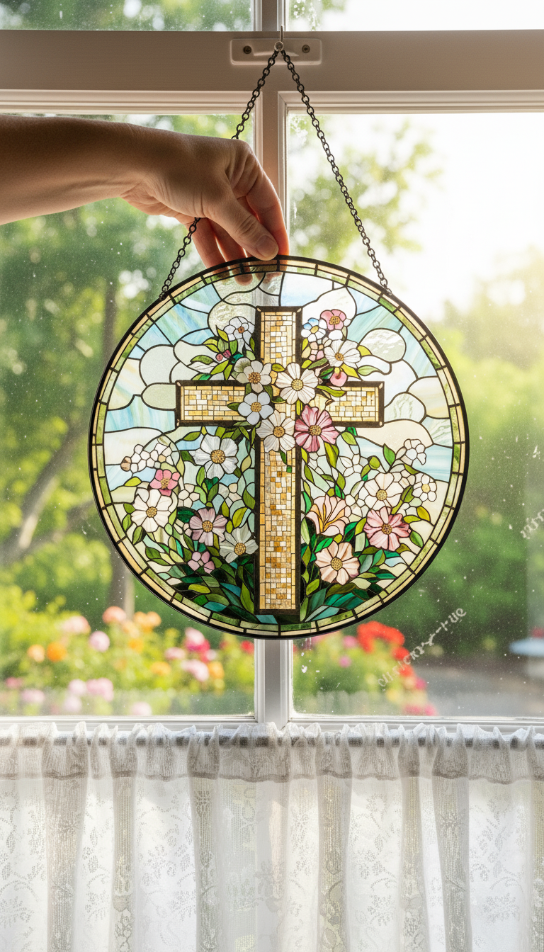 Floral Cross Stained Glass Suncatcher, Christian Window Hanging, Religious Sun Catcher, Flower Cross Decor, Faith Gift, Easter Home Decor SCLAF20