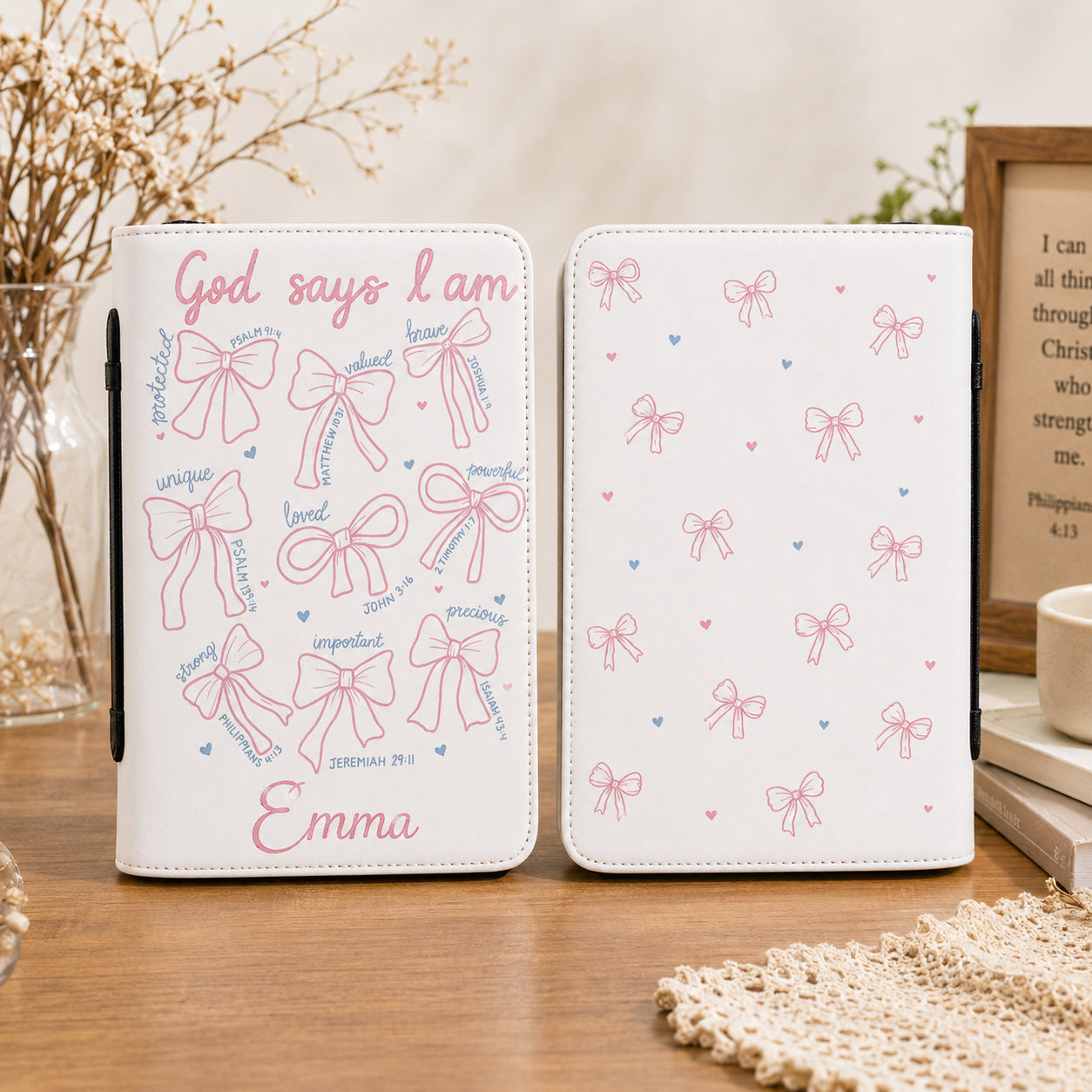Personalized Pink Bow Leather Book Cover, God Say I Am Bible Cover, Christian Gift, Bible Covers Jesus Gifts BIBLE11