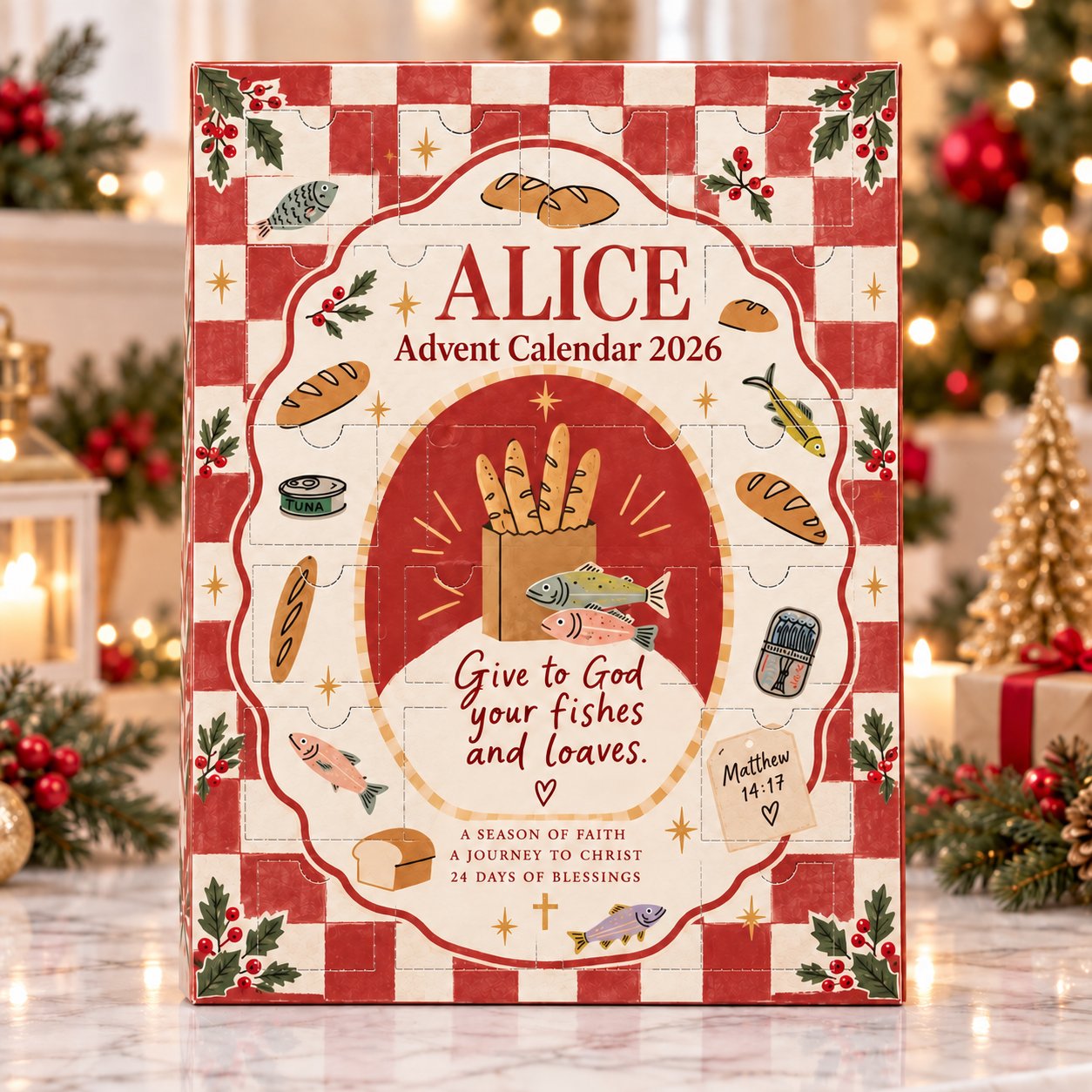 Christian Advent Calendar 2026 Personalized, Fish and Loaves Bible Advent Calendar, Jesus Miracle Christmas Countdown, 24 Days of Faith Ornaments, Religious Christmas Gift for Family ACG11