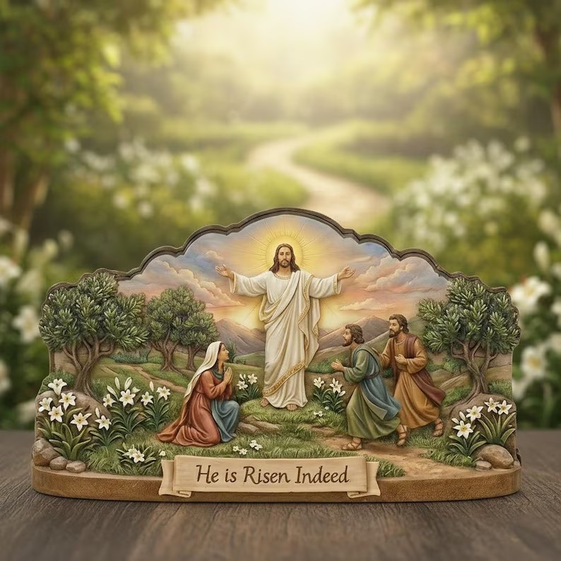 Christian Easter Wooden Sign, He Is Risen Decor, Jesus Resurrection Scene, Religious Tabletop Display, Faith Home Accent